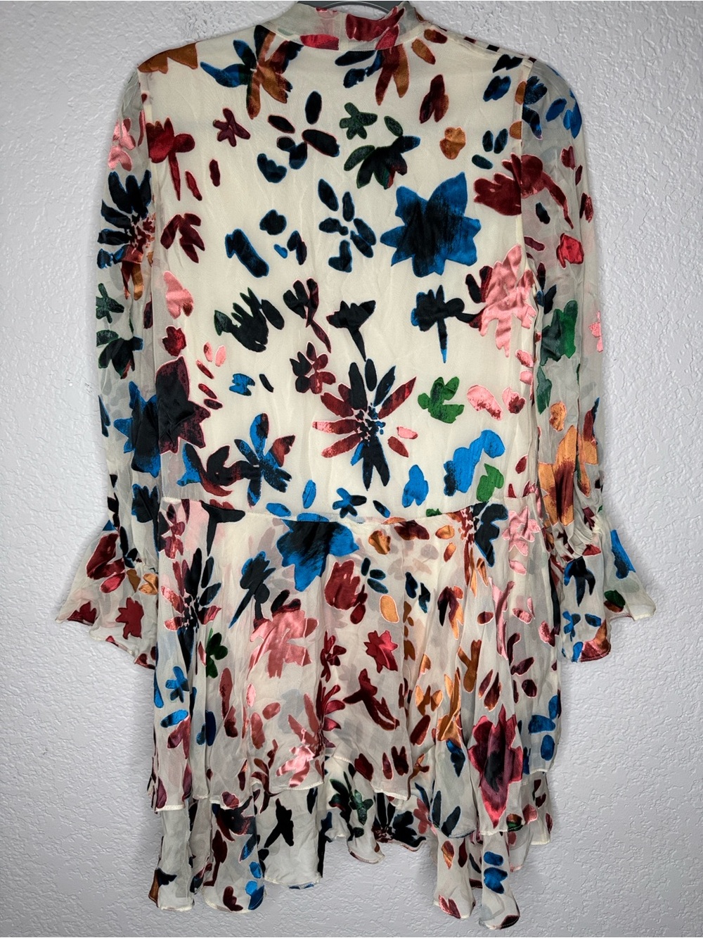 Alice + Olivia Moran Silk Blend Mini Dress Small Rainbow Floral Bell Sleeve - Picture 5 of 8